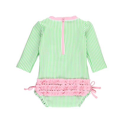Baby Girls Spring Green Seersucker Long Sleeve One Piece Rash Guard Swimsuit with Signature Rear Ruffles