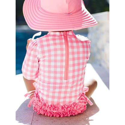 Baby Girls Bubblegum Gingham Long Sleeve One Piece Rash Guard Swimsuit with Signature Rear Ruffles