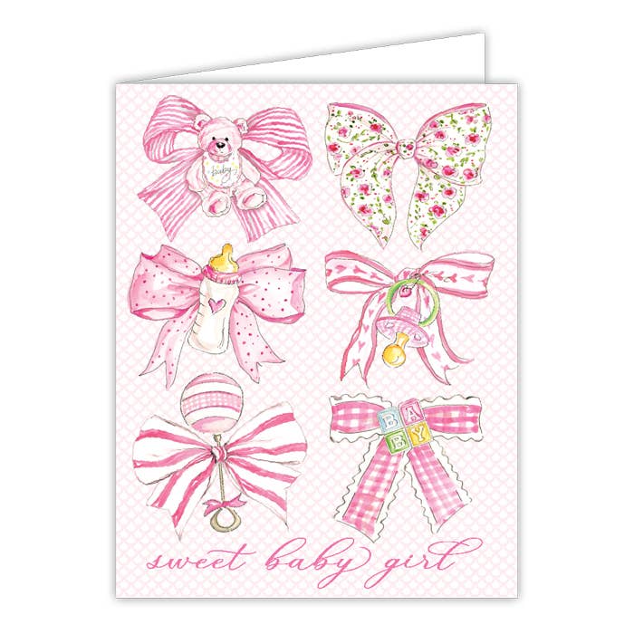 Handpainted Sweet Baby Girl Pink Bows Greeting Card
