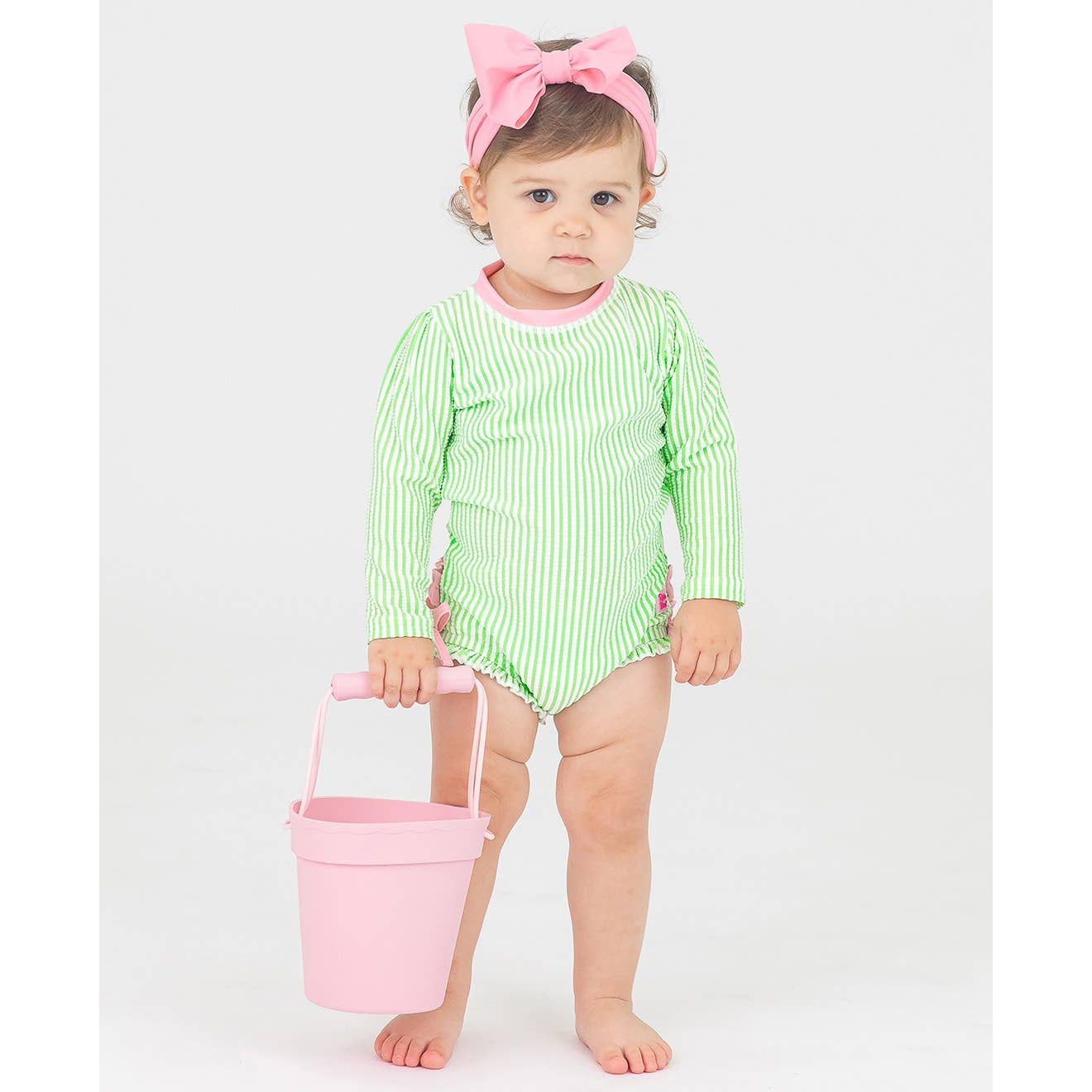 Baby Girls Spring Green Seersucker Long Sleeve One Piece Rash Guard Swimsuit with Signature Rear Ruffles
