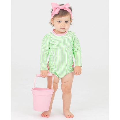 Baby Girls Spring Green Seersucker Long Sleeve One Piece Rash Guard Swimsuit with Signature Rear Ruffles