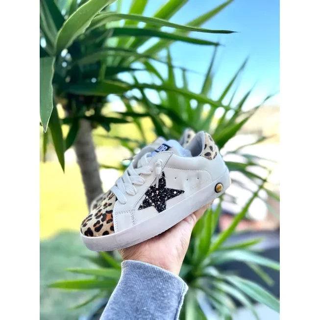 Black Glitter Star with Cheetah Accent Sneakers