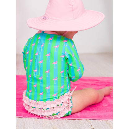 Baby Girls Neon Flamingo Stripe Long Sleeve One Piece Rash Guard Swimsuit with Signature Rear Ruffles