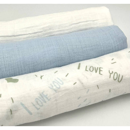 Swaddle Muslin Blankets: BUNDLE OF LOVE, Set of 3, Boy Newborn Gift