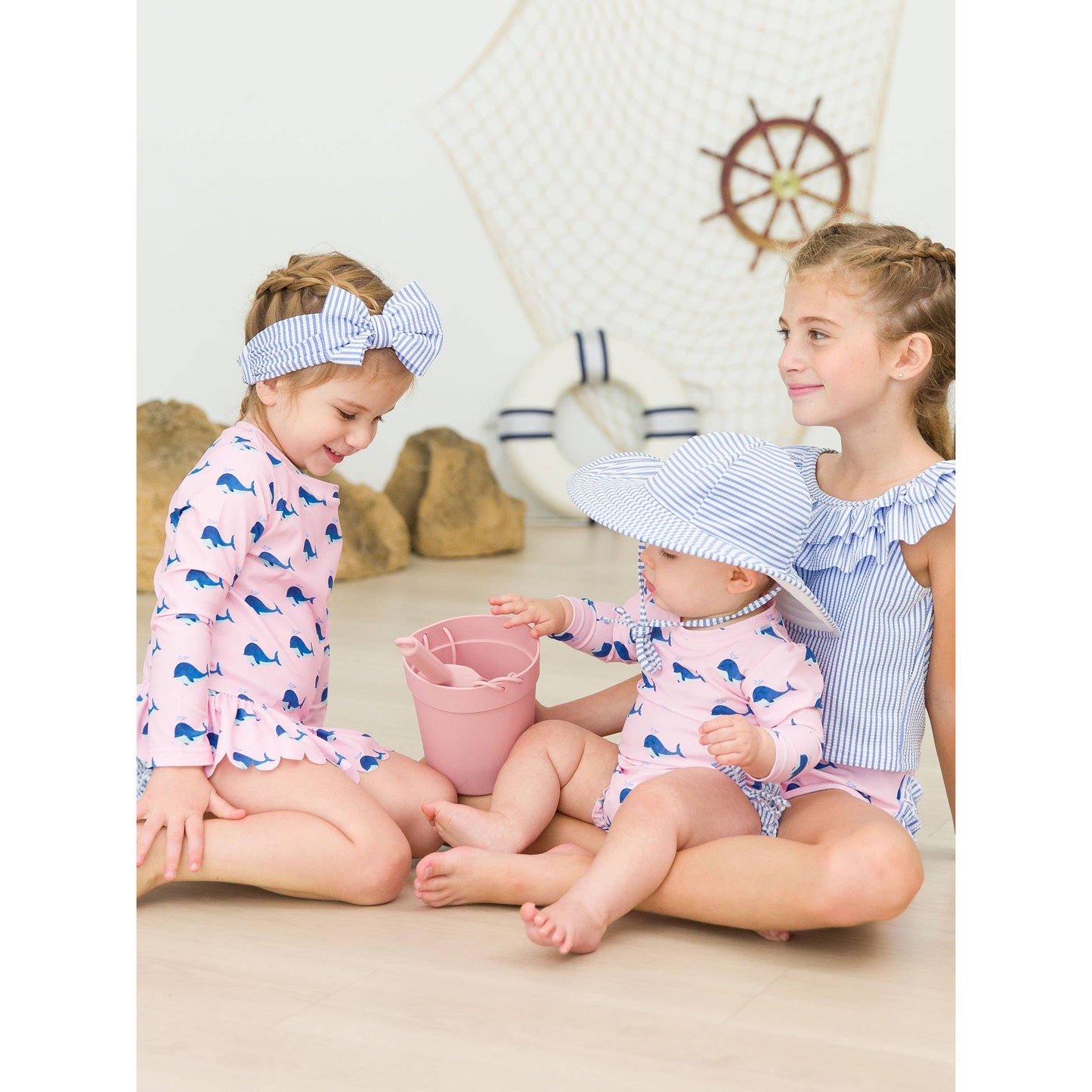Baby Girls Pink Whale Friends Long Sleeve One Piece Rash Guard Swimsuit with Signature Rear Ruffles