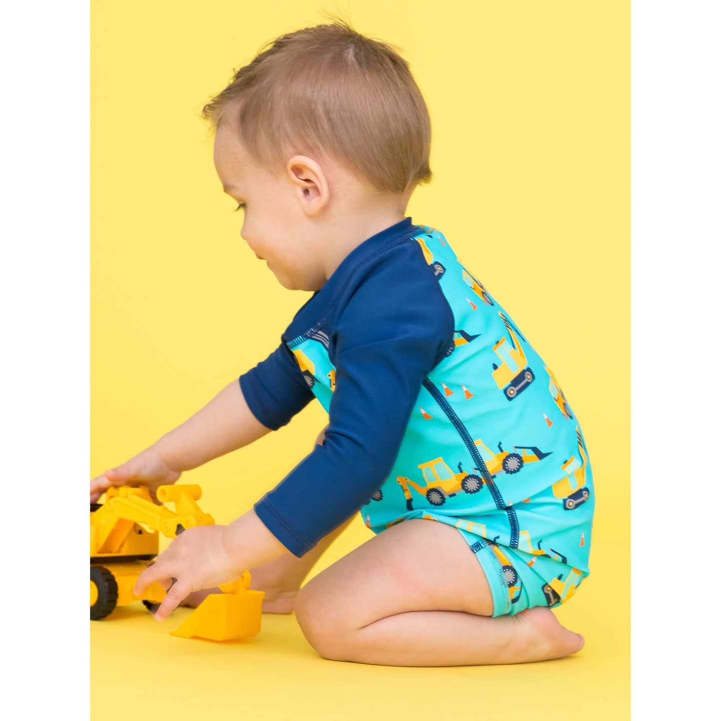 Baby Boys Under Construction Long Sleeve One Piece Rash Guard Swimsuit