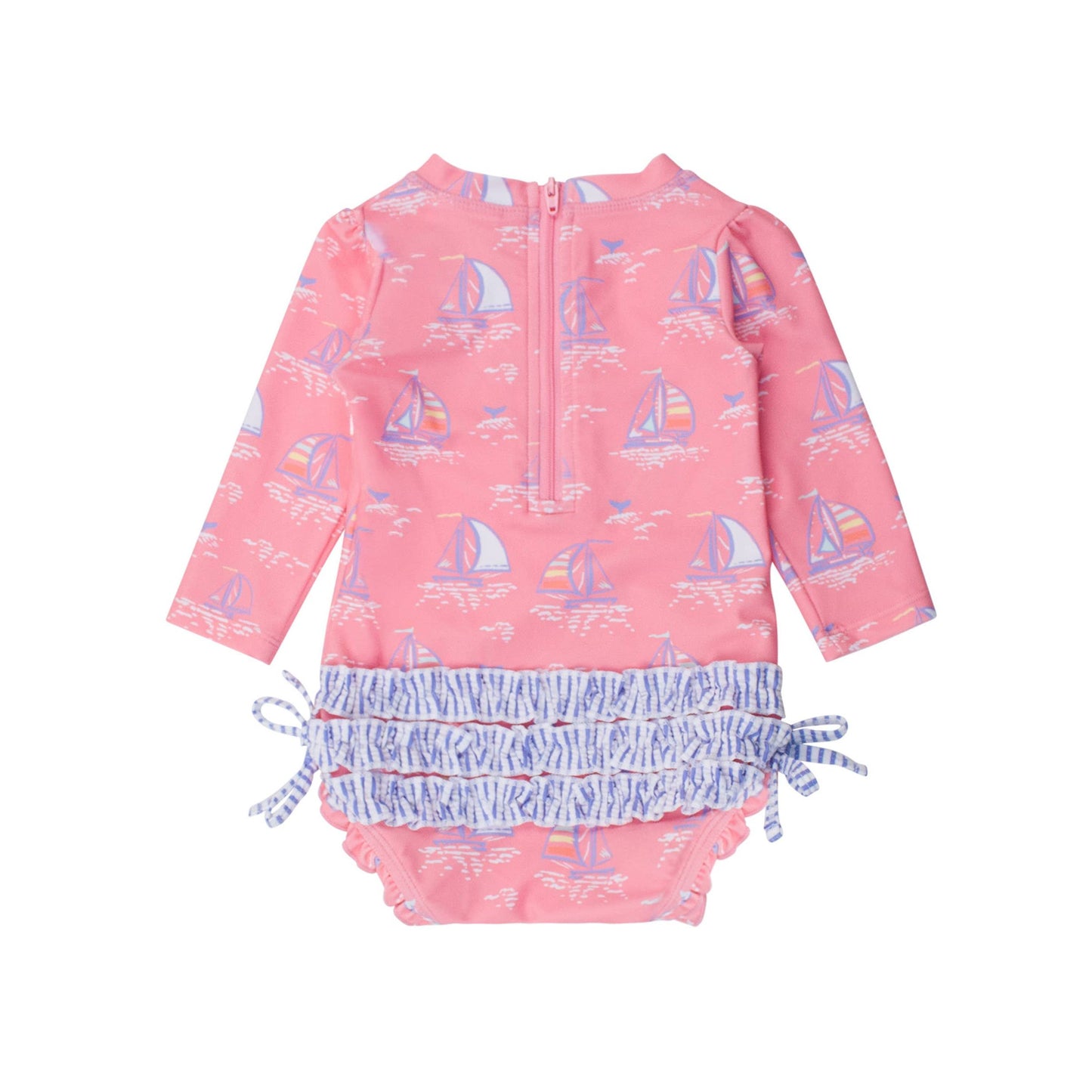 Baby Girls Pink Seas the Day Long Sleeve One Piece Rash Guard Swimsuit with Signature Rear Ruffles