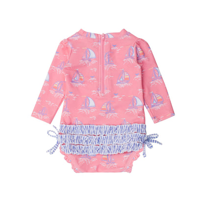 Baby Girls Pink Seas the Day Long Sleeve One Piece Rash Guard Swimsuit with Signature Rear Ruffles