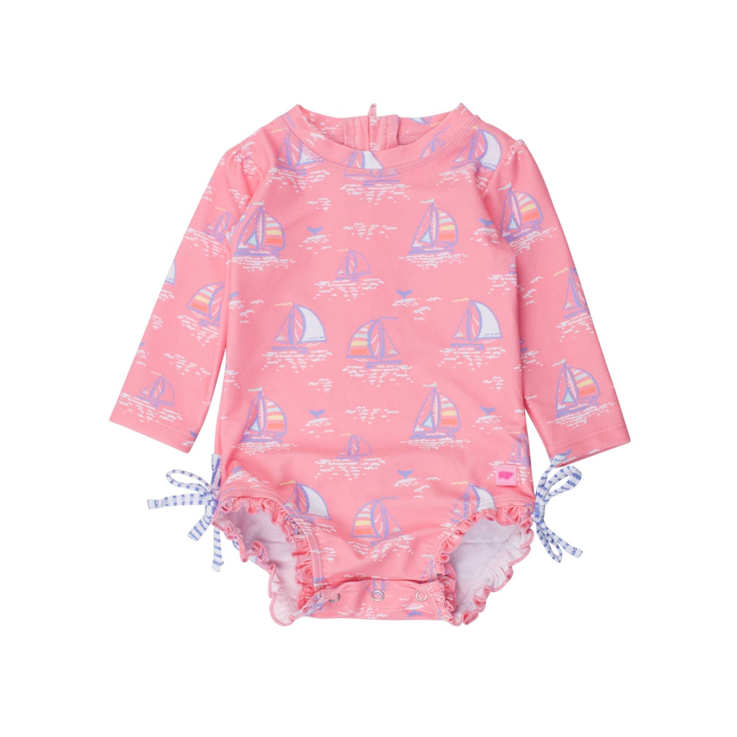 Baby Girls Pink Seas the Day Long Sleeve One Piece Rash Guard Swimsuit with Signature Rear Ruffles