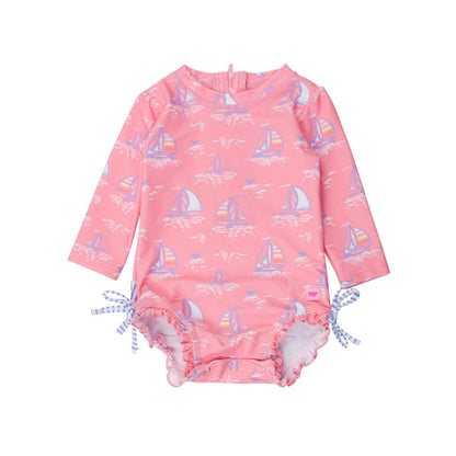 Baby Girls Pink Seas the Day Long Sleeve One Piece Rash Guard Swimsuit with Signature Rear Ruffles