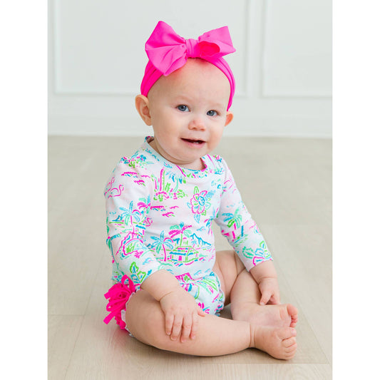 Baby Girls Tropical Resort Long Sleeve One Piece Rash Guard Swimsuit with Signature Rear Ruffles