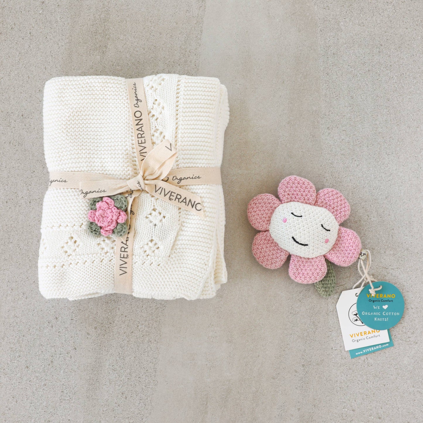 Flower Pointelle Knit Baby Blanket & Flower Rattle Gift Set