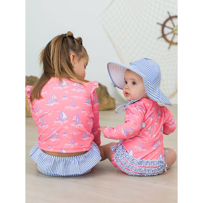 Baby Girls Pink Seas the Day Long Sleeve One Piece Rash Guard Swimsuit with Signature Rear Ruffles