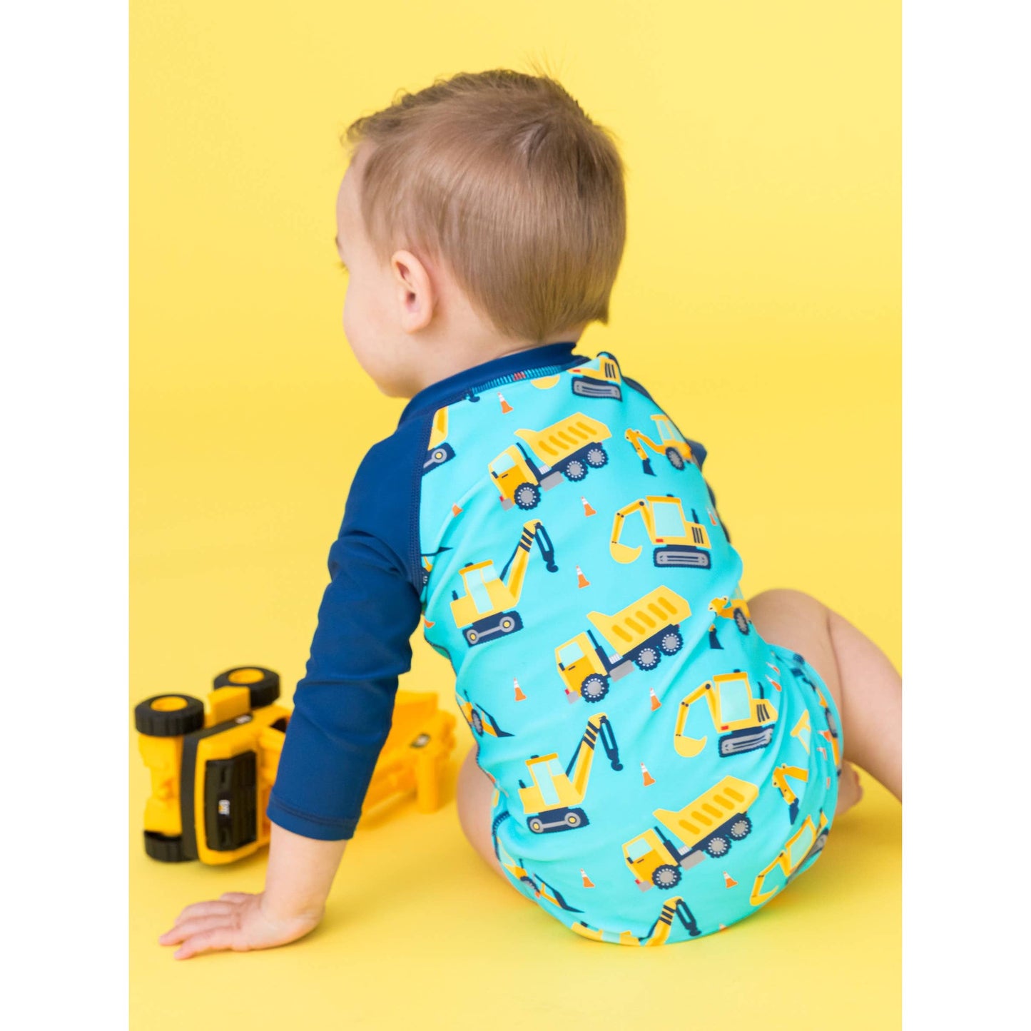 Baby Boys Under Construction Long Sleeve One Piece Rash Guard Swimsuit