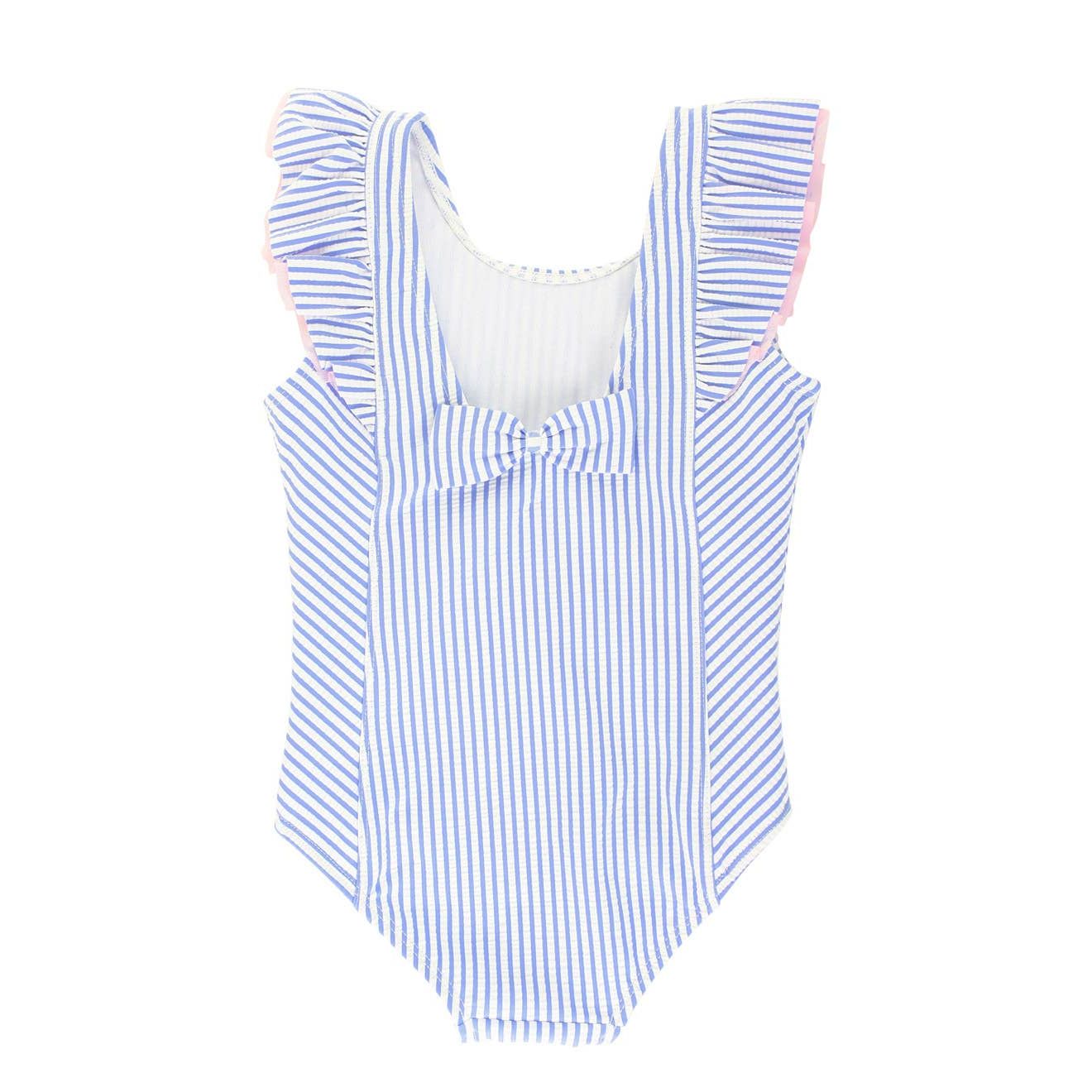 Girls Periwinkle Blue Seersucker Waterfall One Piece Swimsuit