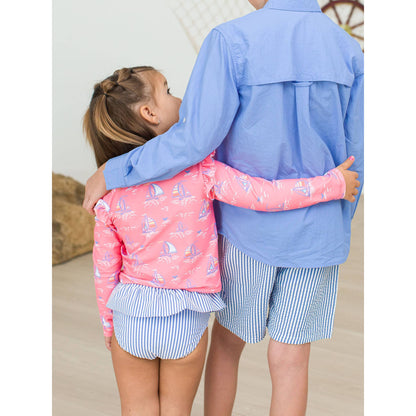 Girls Pink Seas the Day Flutter Long Sleeve Rash Guard Skirted 2-Piece Swimsuit