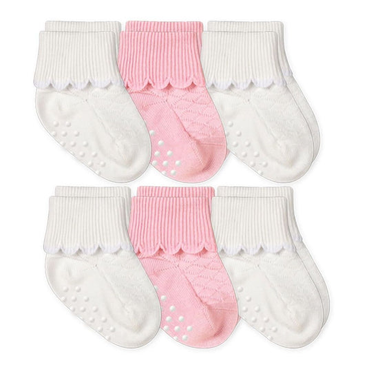Non-Skid Scalloped Turn Cuff Socks 6 Pair Pack