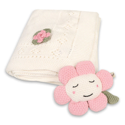 Flower Pointelle Knit Baby Blanket & Flower Rattle Gift Set