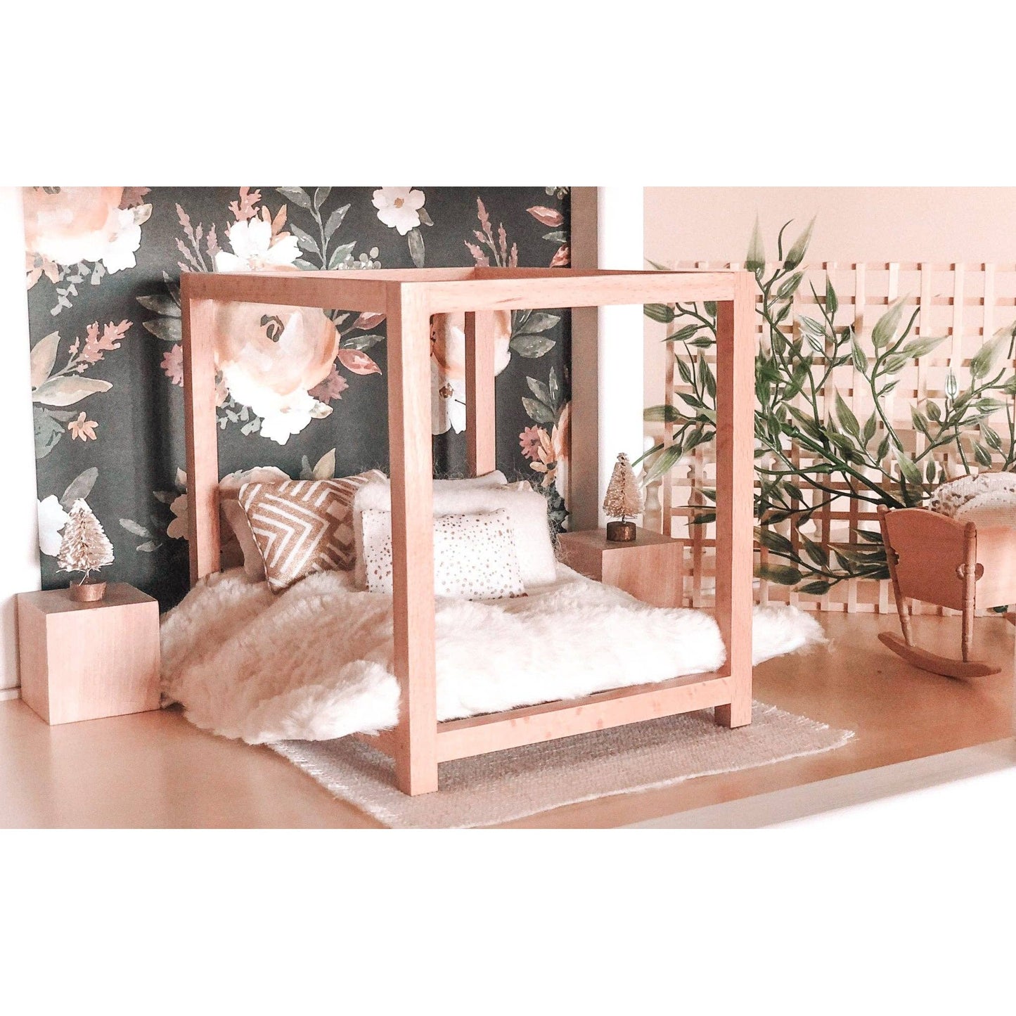 Four Poster Bed + Mattress | Natural Wood