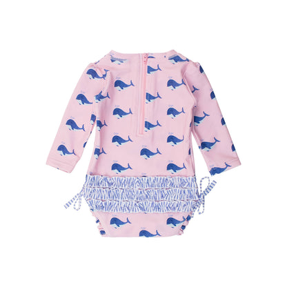 Baby Girls Pink Whale Friends Long Sleeve One Piece Rash Guard Swimsuit with Signature Rear Ruffles