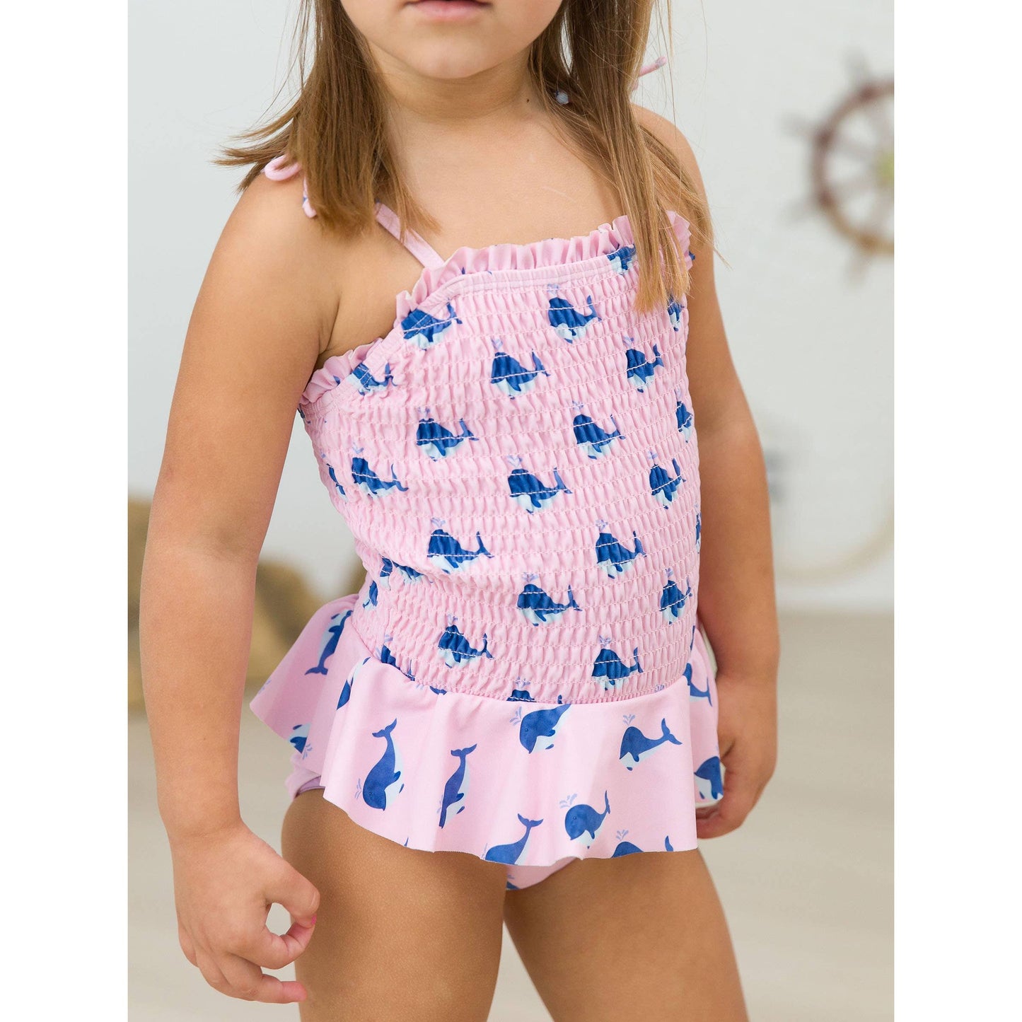 Girls Pink Whale Friends Peplum Smocked Bodice One Piece Swimsuit