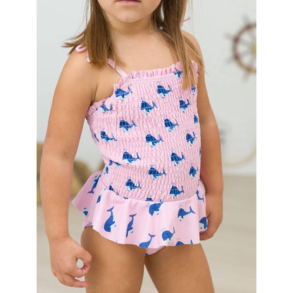 Girls Pink Whale Friends Peplum Smocked Bodice One Piece Swimsuit