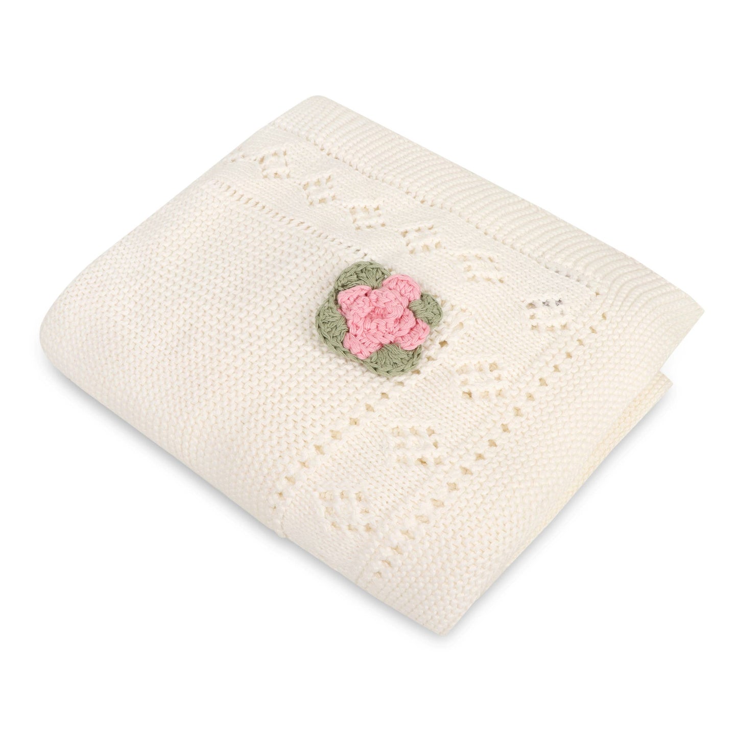 Flower Pointelle Knit Baby Blanket & Flower Rattle Gift Set