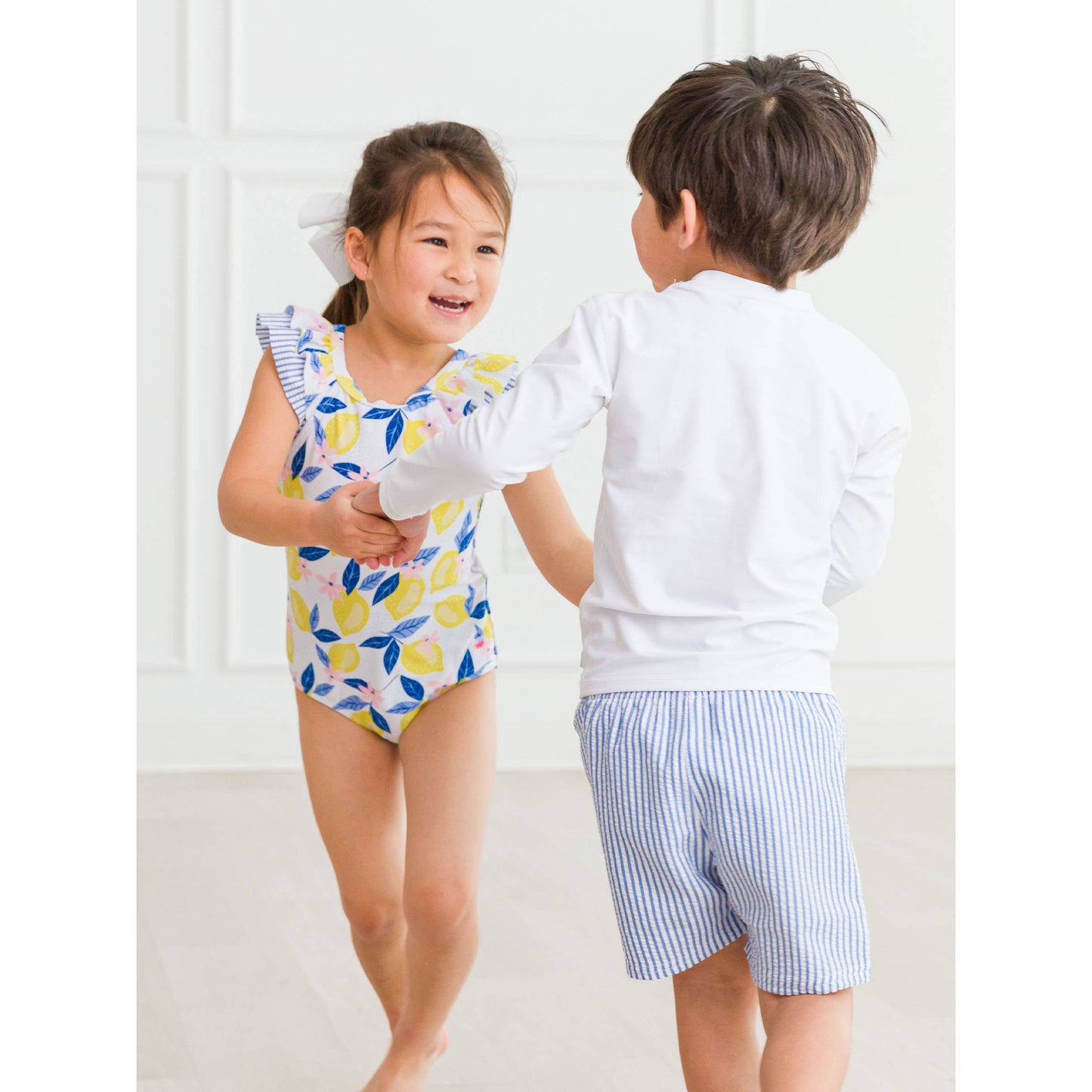 Boys Periwinkle Blue Seersucker Swim Trunks