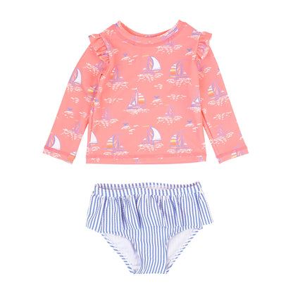 Girls Pink Seas the Day Flutter Long Sleeve Rash Guard Skirted 2-Piece Swimsuit
