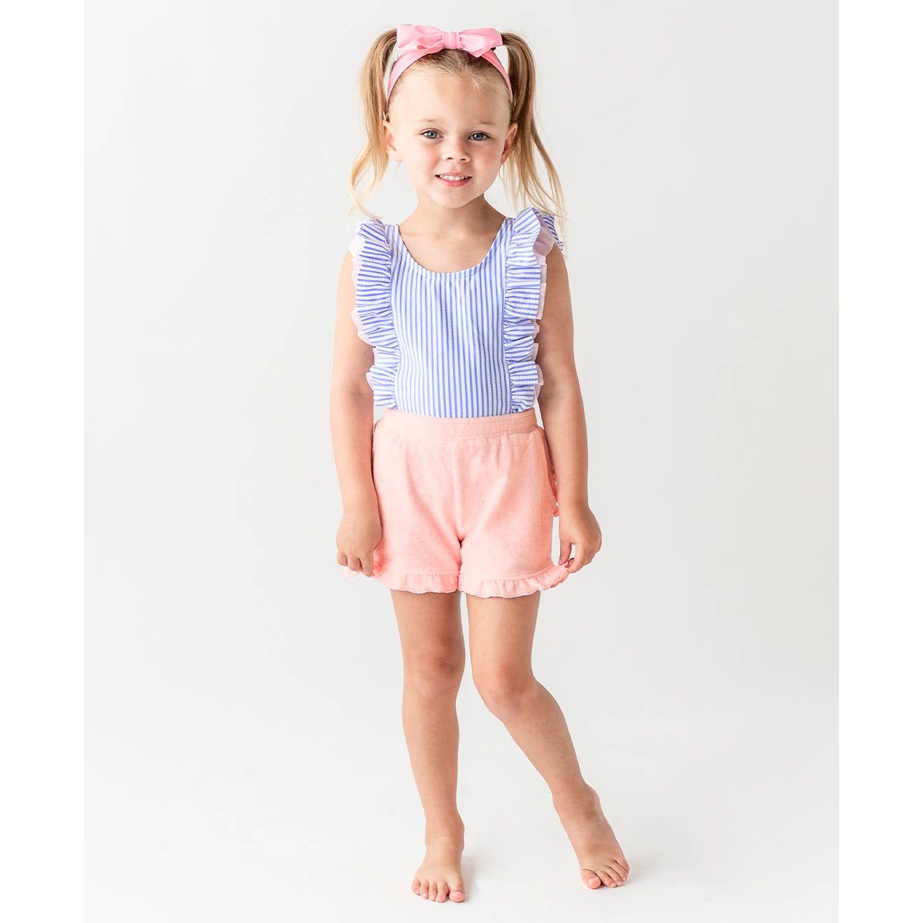 Girls Periwinkle Blue Seersucker Waterfall One Piece Swimsuit