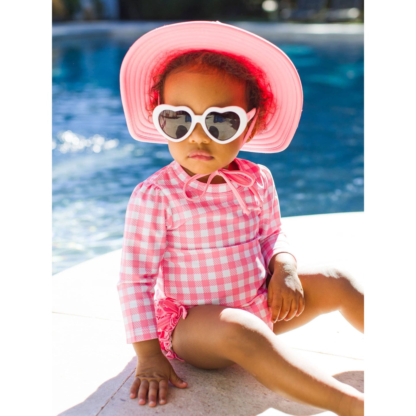 Baby Girls Bubblegum Gingham Long Sleeve One Piece Rash Guard Swimsuit with Signature Rear Ruffles