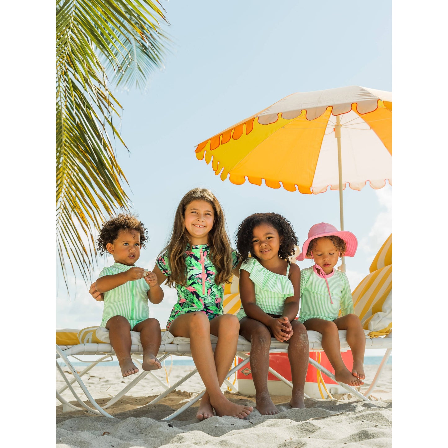 Baby Girls Spring Green Seersucker Long Sleeve One Piece Rash Guard Swimsuit with Signature Rear Ruffles