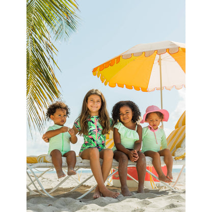 Baby Girls Spring Green Seersucker Long Sleeve One Piece Rash Guard Swimsuit with Signature Rear Ruffles