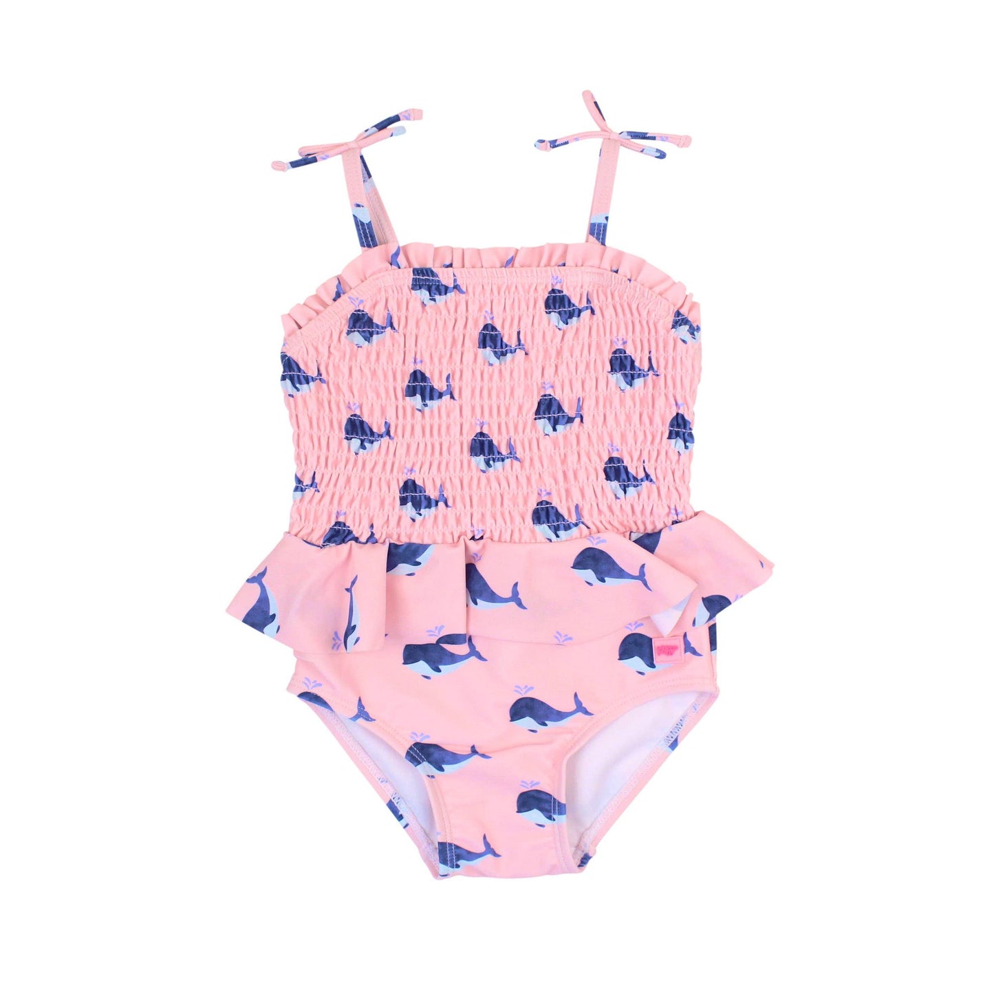 Girls Pink Whale Friends Peplum Smocked Bodice One Piece Swimsuit