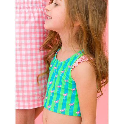 Girls Neon Flamingo Stripe Racerback Flutter Tankini 2-Piece Swimsuit