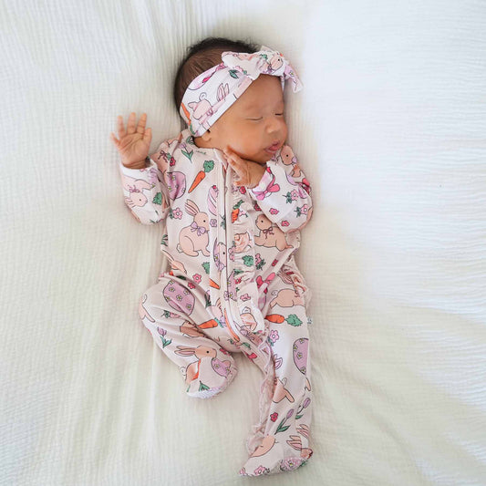 Hoppy Spring Ruffle Zipper Footie | Pink