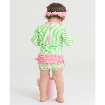 Baby Girls Spring Green Seersucker Long Sleeve One Piece Rash Guard Swimsuit with Signature Rear Ruffles