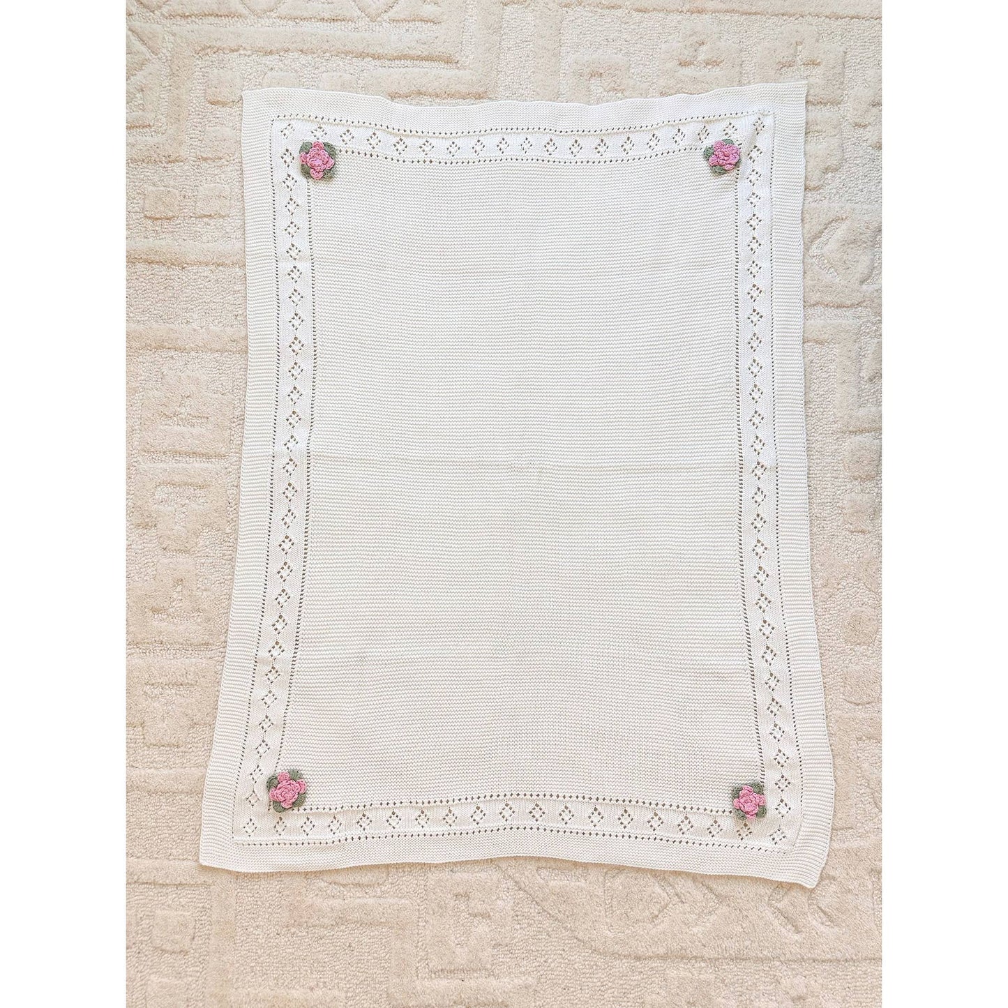 Flower Pointelle Knit Baby Blanket & Flower Rattle Gift Set