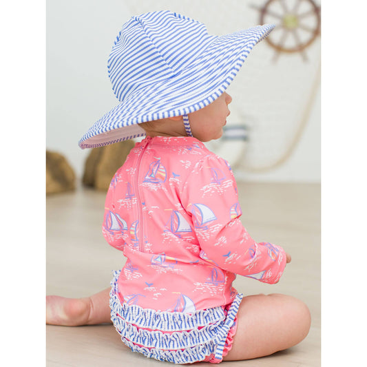 Baby Girls Pink Seas the Day Long Sleeve One Piece Rash Guard Swimsuit with Signature Rear Ruffles