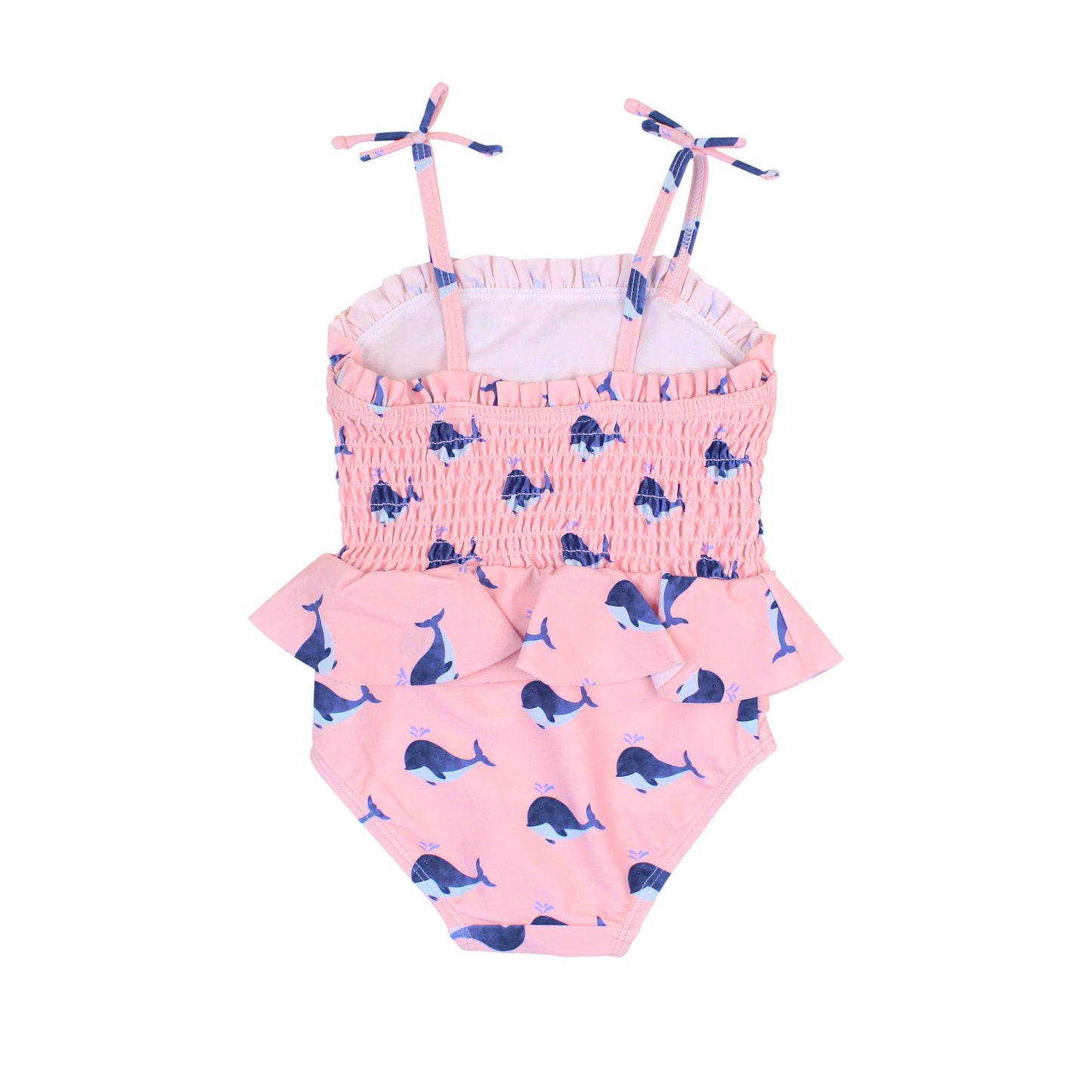 Girls Pink Whale Friends Peplum Smocked Bodice One Piece Swimsuit