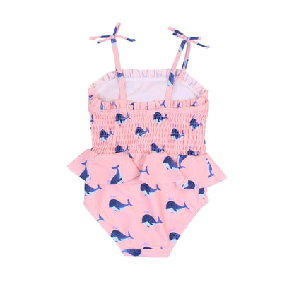 Girls Pink Whale Friends Peplum Smocked Bodice One Piece Swimsuit