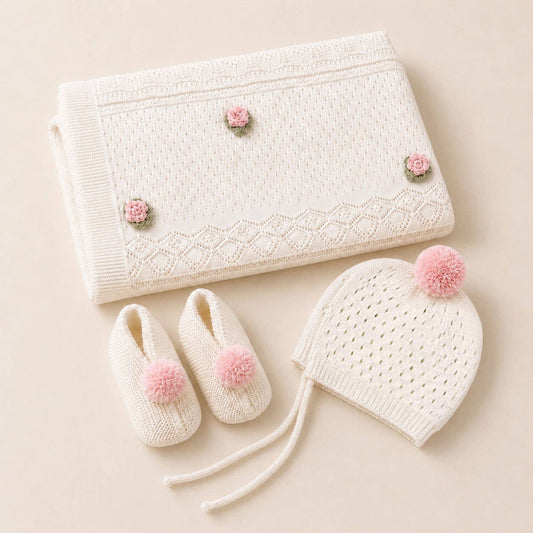 Pink Rose Pointelle Knit Baby Blanket, Bonnet & Booties Set