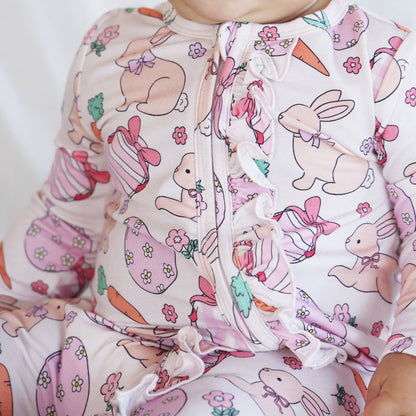 Hoppy Spring Ruffle Zipper Footie | Pink