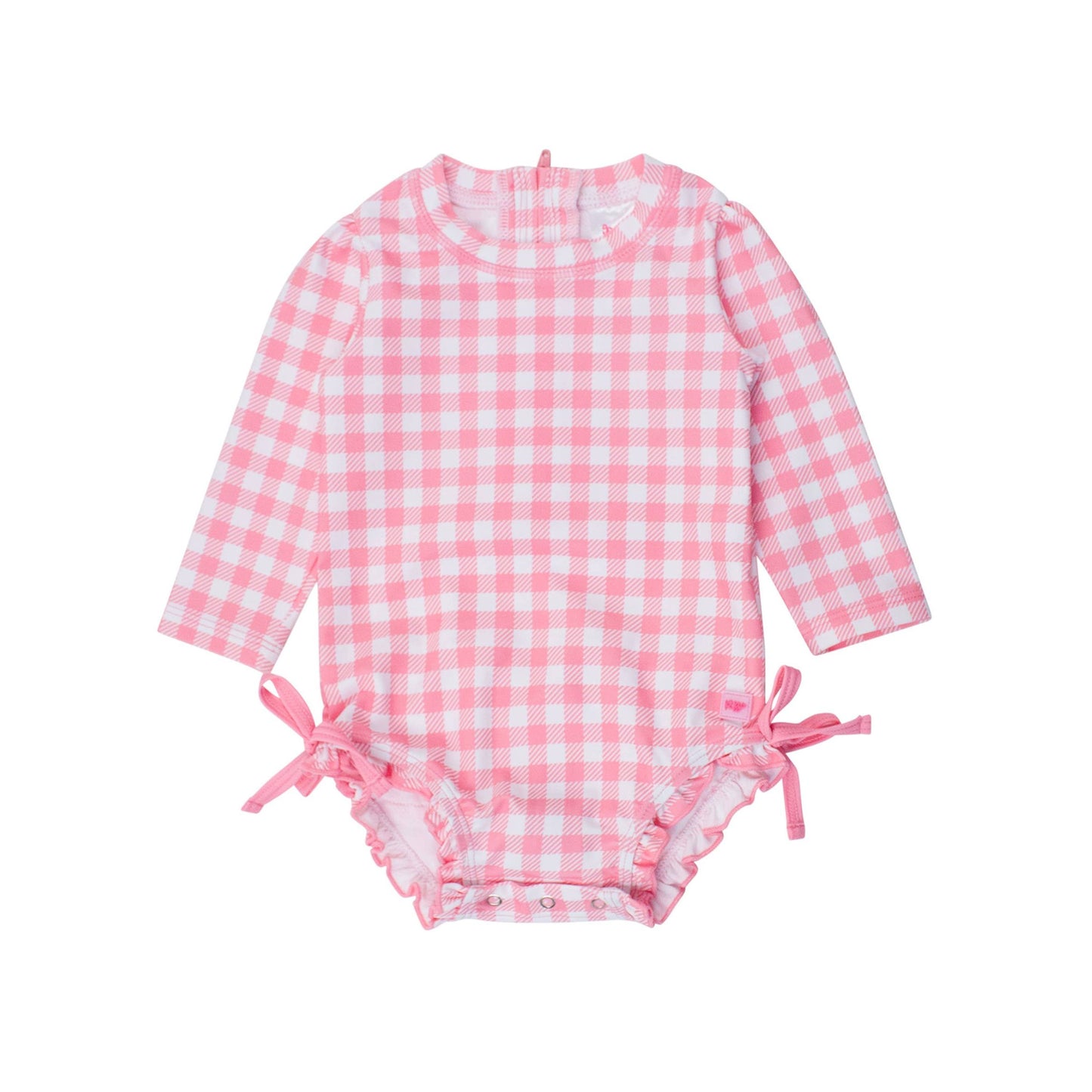 Baby Girls Bubblegum Gingham Long Sleeve One Piece Rash Guard Swimsuit with Signature Rear Ruffles