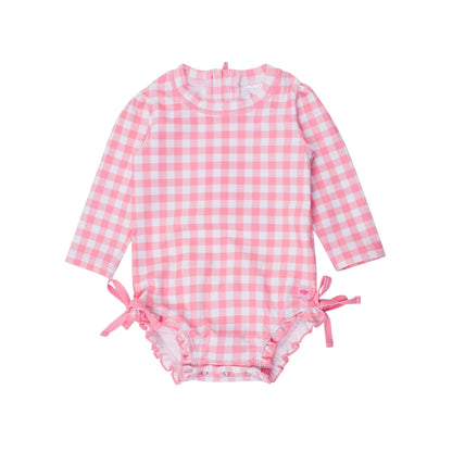 Baby Girls Bubblegum Gingham Long Sleeve One Piece Rash Guard Swimsuit with Signature Rear Ruffles