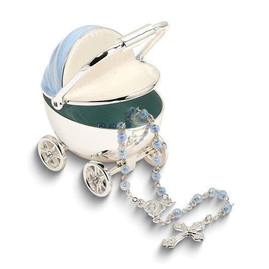 Silver-tone Baby Boy Carriage Keepsake Box and Rosary