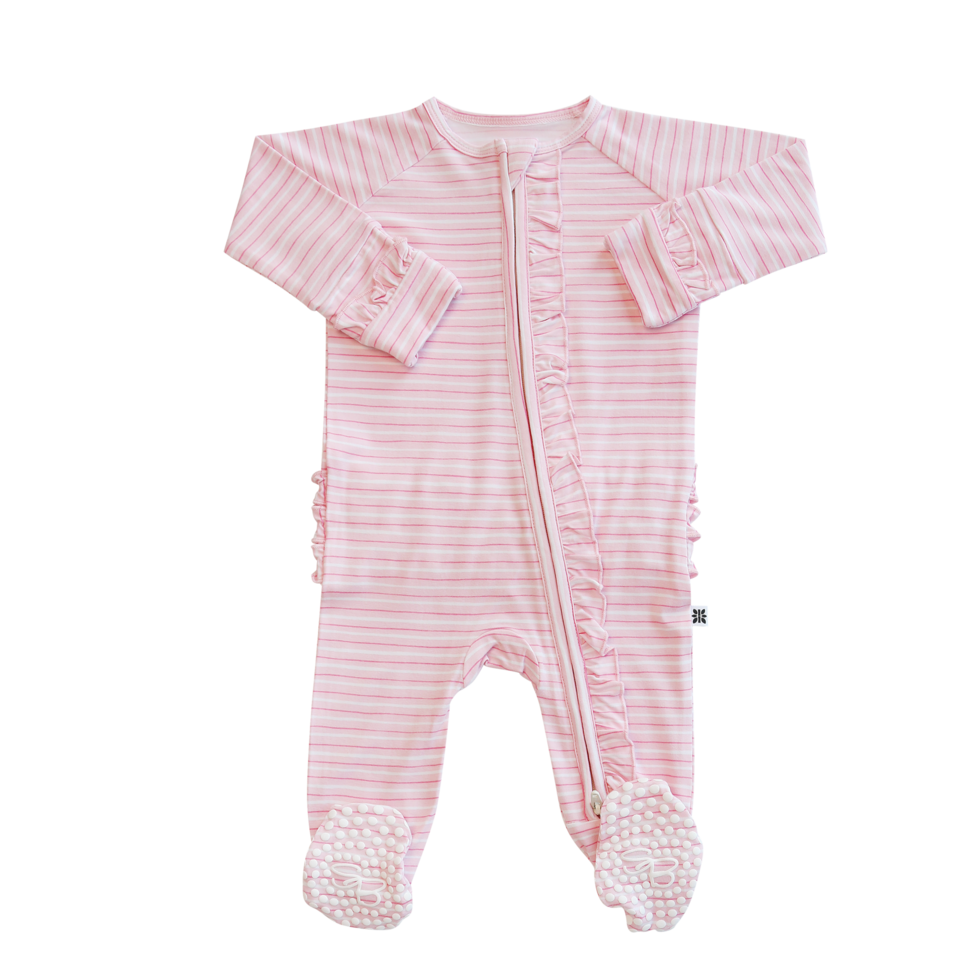 Ruffle Footie - Pink Stripe