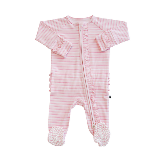 Ruffle Footie - Pink Stripe