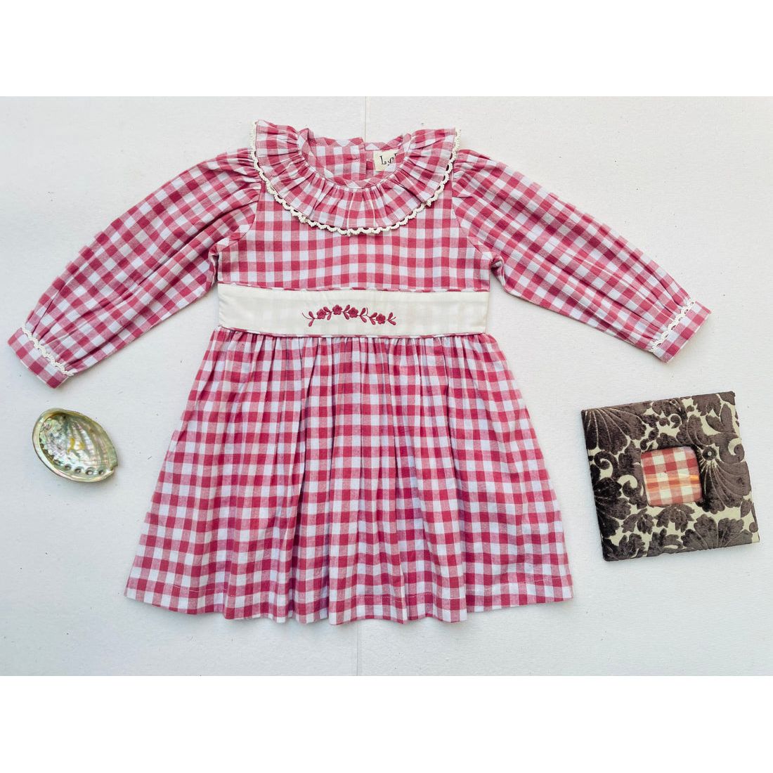Pink Gingham Embroidery Belt Dress