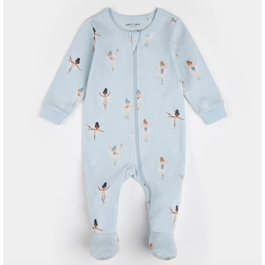 Sugar plum fairy print on ice blue sleeper